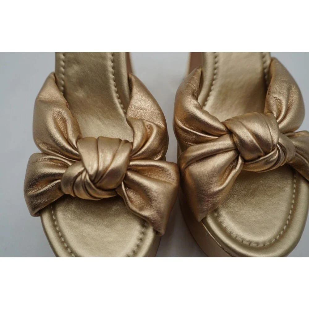 Michael Kors Elena Metallic Gold Leather Knot Platform Ankle Strap Heels Sz 10M